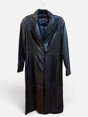 Jones New York Long Black 100% Genuine Leather Trench Coat